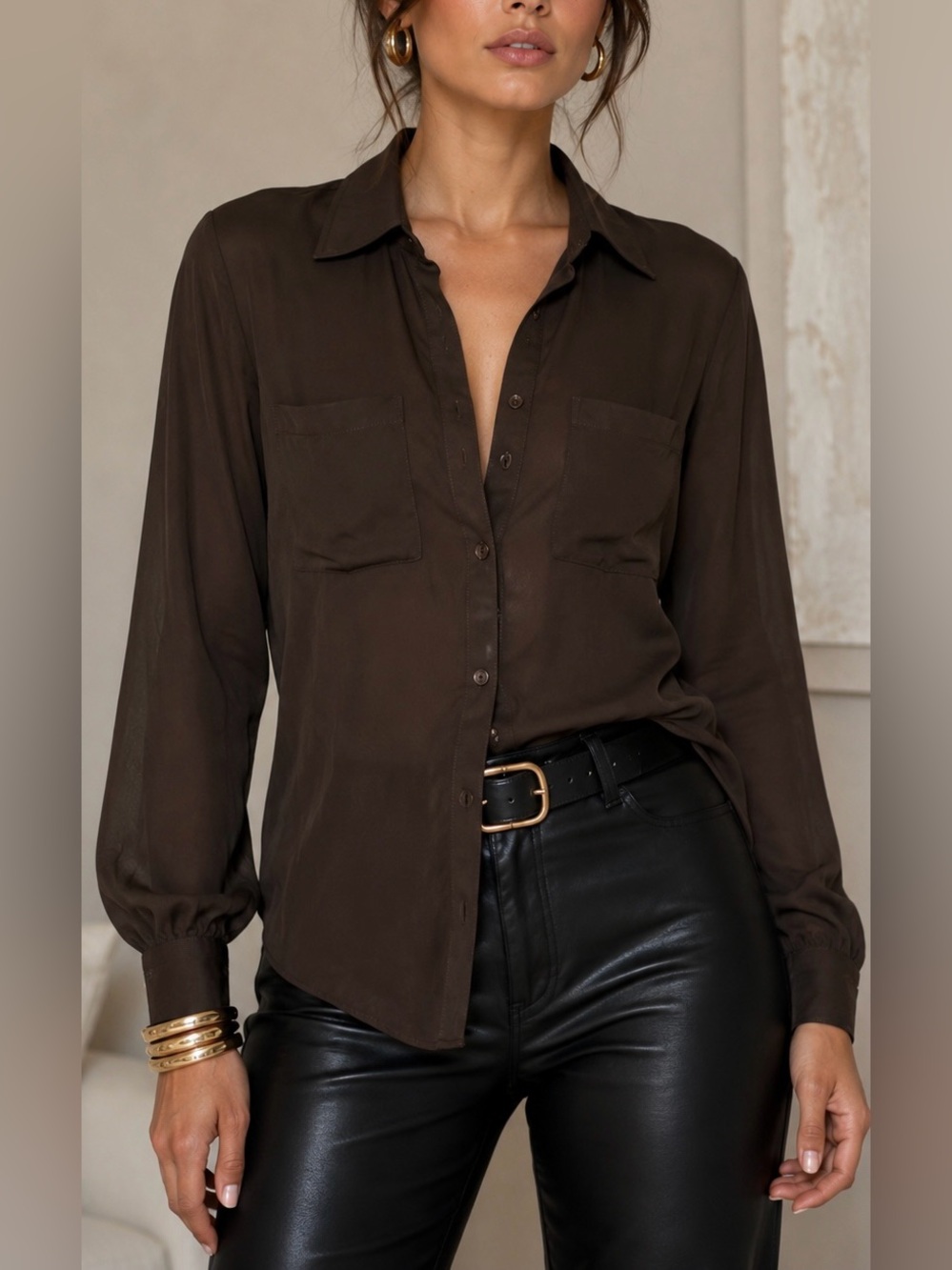 Haute Hippie Brown Sheer Button Down Silk Blend Blouse XS S